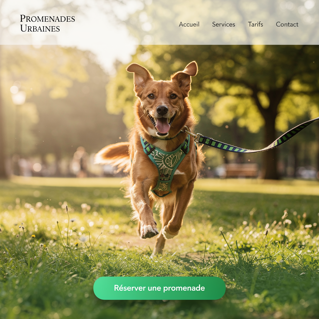A landing page for a dog-walking service, a ginger dog running across a park