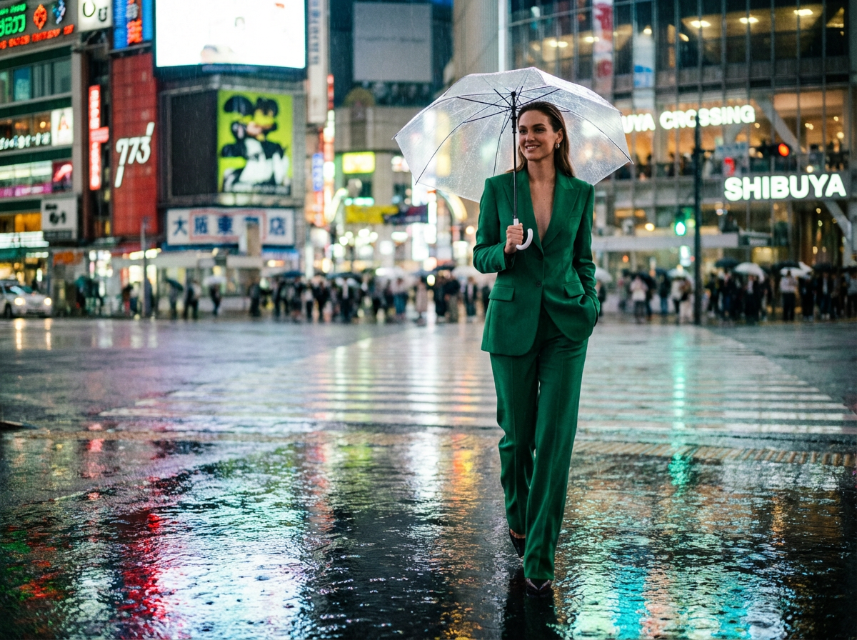 A woman with a clear umbrella crossing a rainy Shibuya street at night
