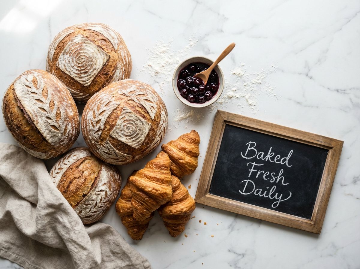 Loaves, croissants and a chalkboard reading “Baked Fresh Daily”