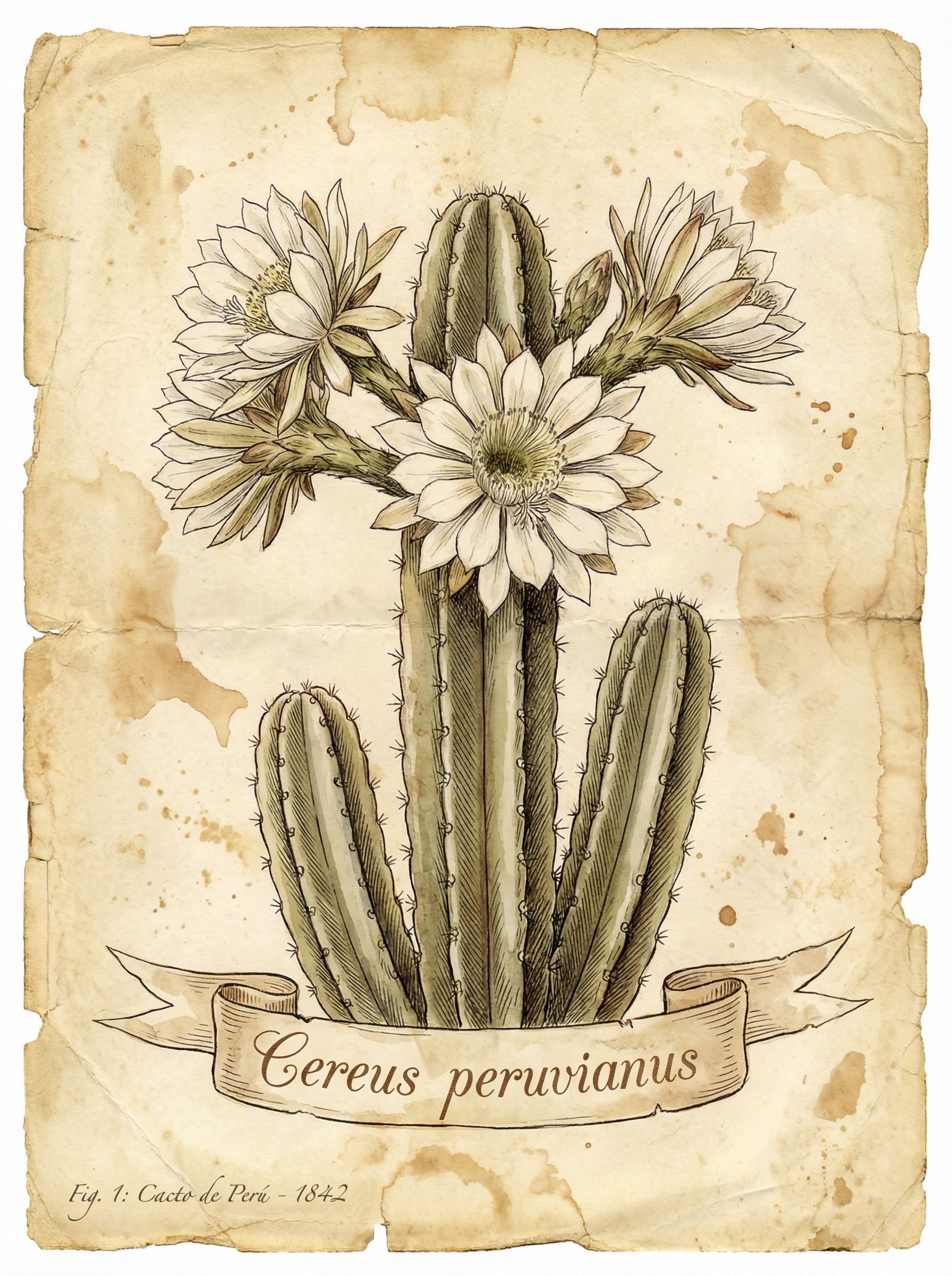 A vintage botanical drawing of a flowering cactus on stained parchment
